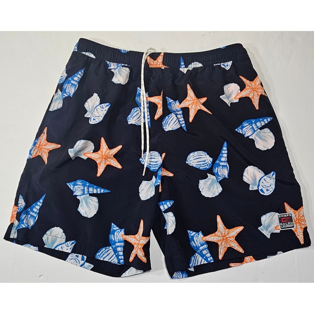 Chaps Ralph Lauren Men's Navy Blue Seashell Starfish Swim Trunks Shorts Size L